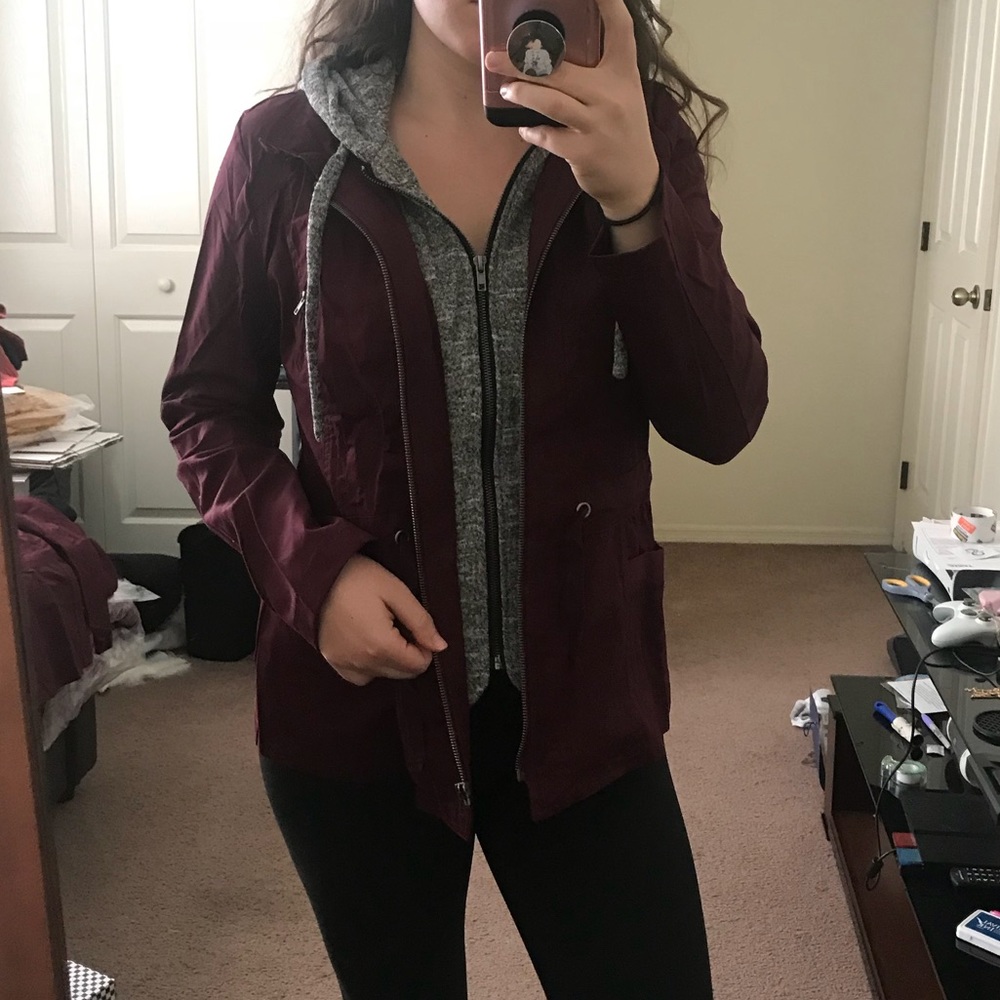 Wine Long Sleeve Hooded Utility Jacket - Picture 5 of 7